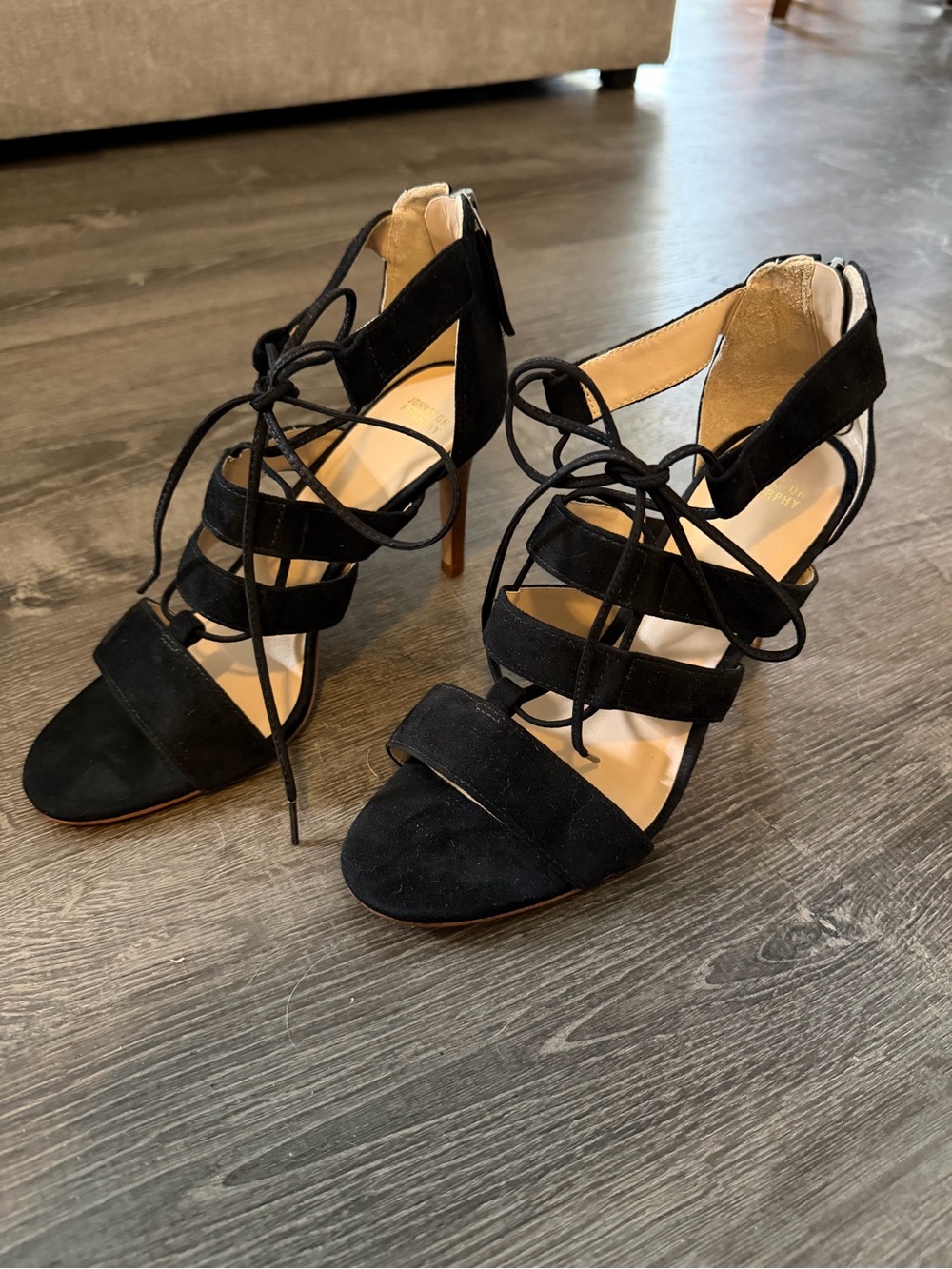 Lace-Up Suede Black Strappy High Heel Sandals for Women